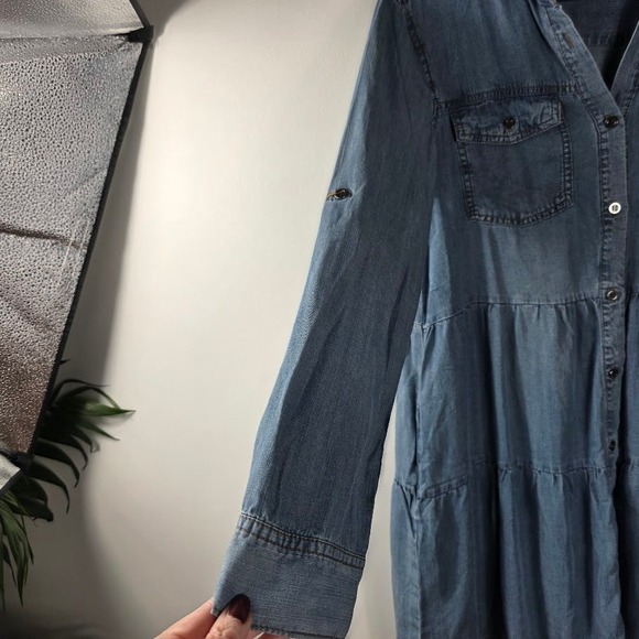 Velvet Heart Denim Tiered Button Front Dress Sz S Long Sleeve Pockets Blue - Picture 3 of 6